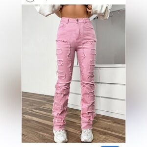 NWOT Pink Embroidered slightly distressed Women boot leg Jeans, Size M